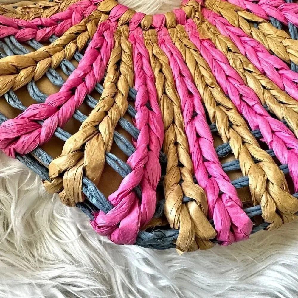 3 AM FOREVER BOUTIQUE | Straw Purse Bag Blue Tan Pink Lined Drawstring - Picture 3 of 6